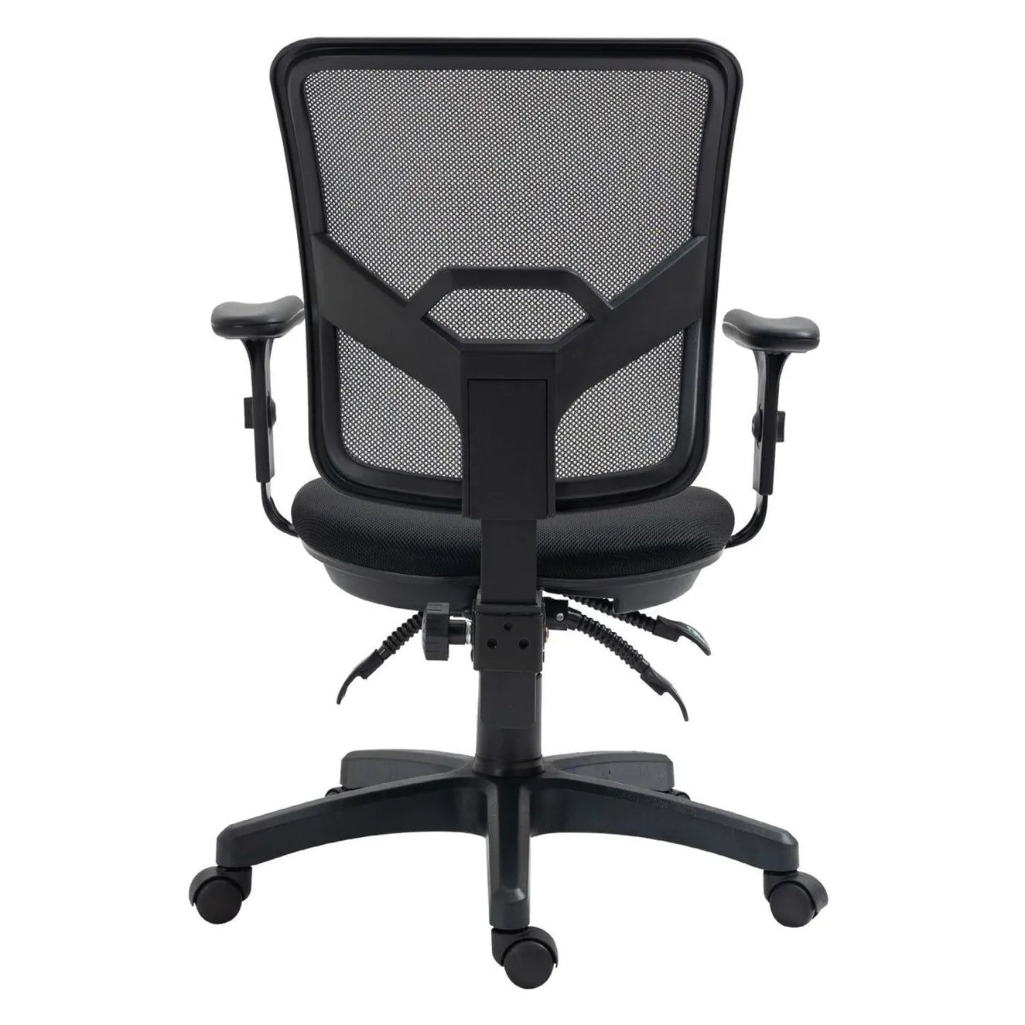 Silla de escritorio con respaldo de malla negra y brazos ajustables para mayor comodidad