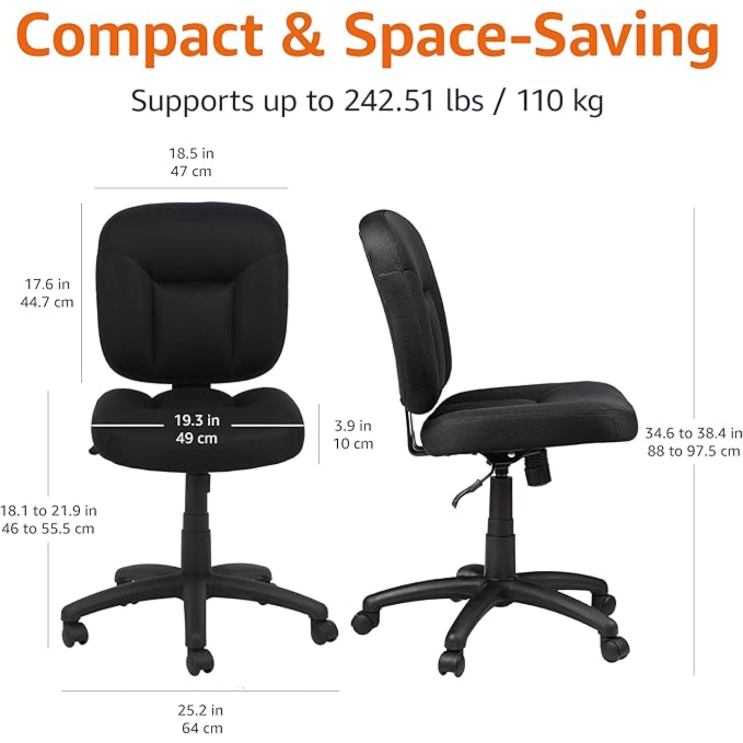 silla de oficina sin brazos negra, vista lateral y frontal, diseño compacto