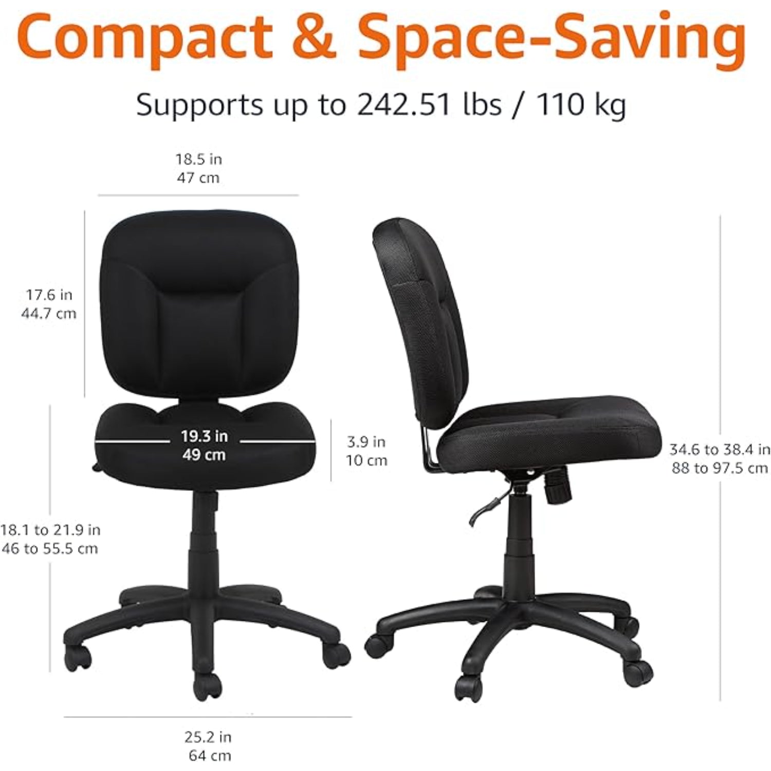 silla de oficina sin brazos negra, vista lateral y frontal, diseño compacto