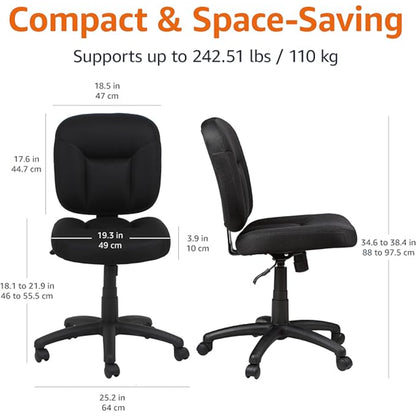 silla de oficina sin brazos negra, vista lateral y frontal, diseño compacto