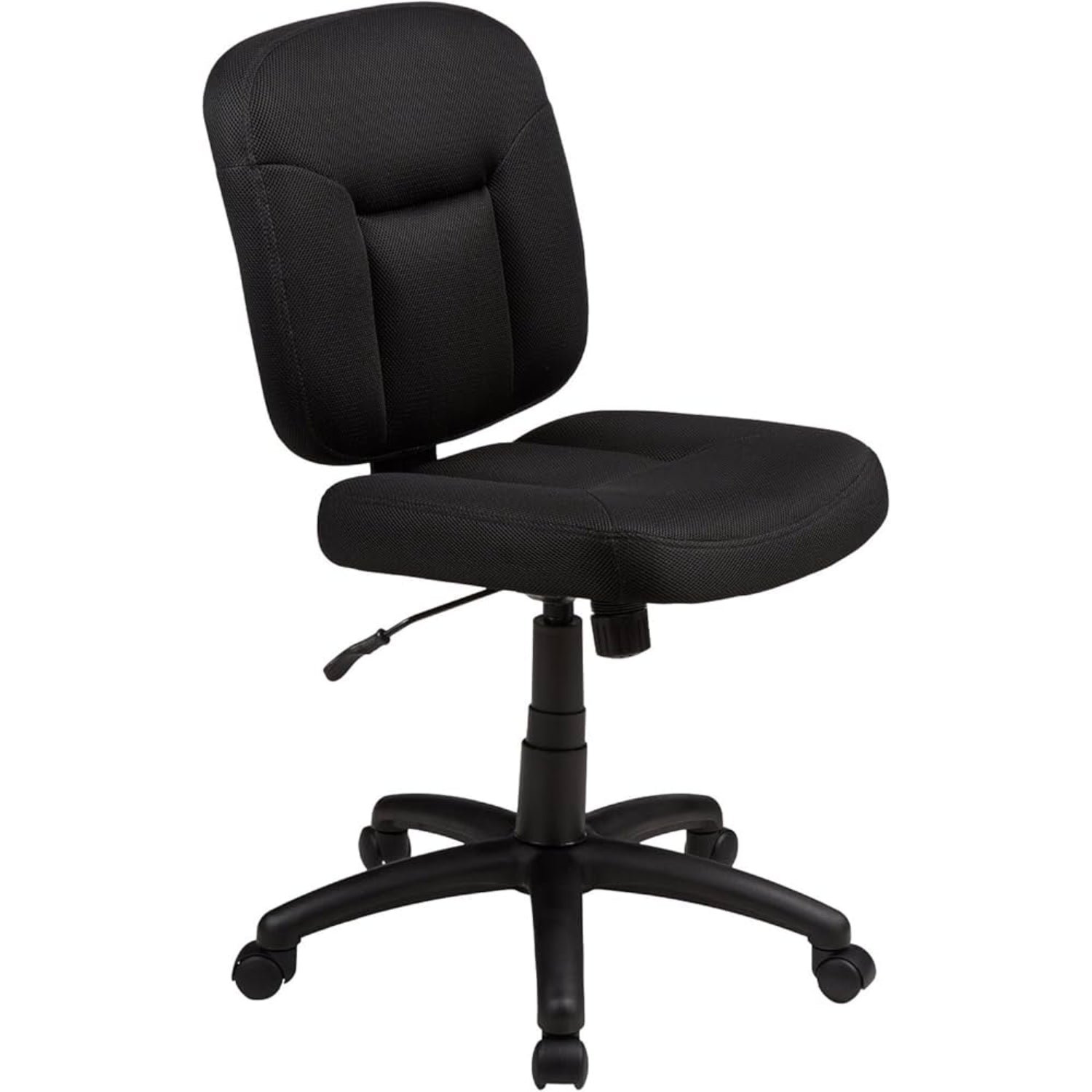 Silla de oficina sin brazos negra, vista lateral, perfecta para trabajo en casa
