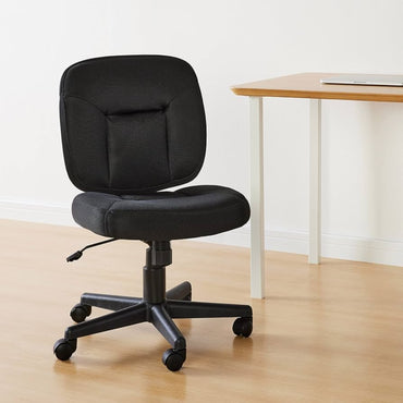 silla de oficina sin brazos negra, vista lateral, escritorio moderno
