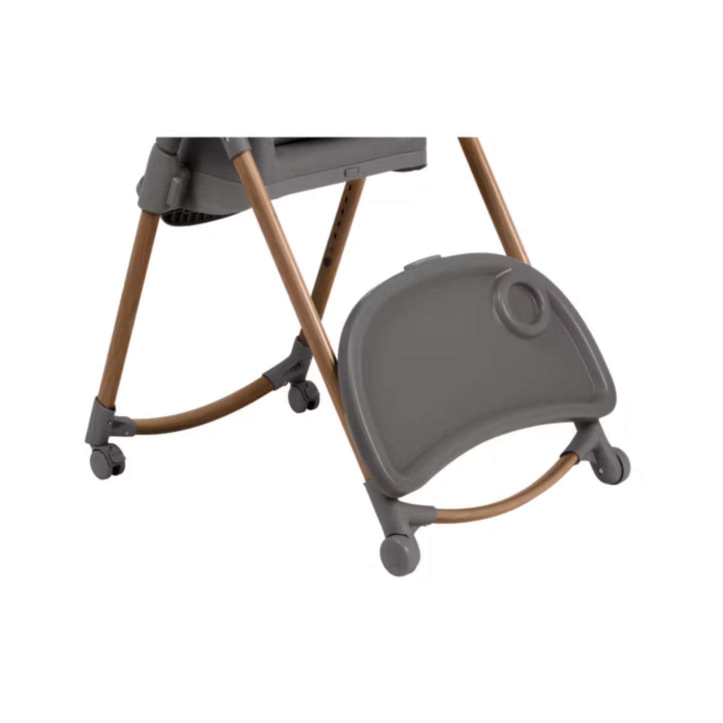 Silla gris Maxicosi con ruedas, vista lateral y detalles funcionales
