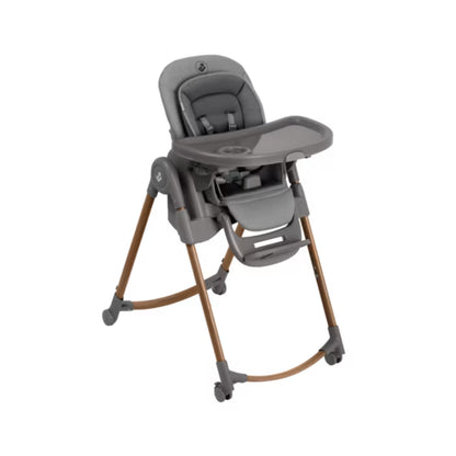 Silla alta gris MAXI COSI vista frontal, ideal para la hora de comer