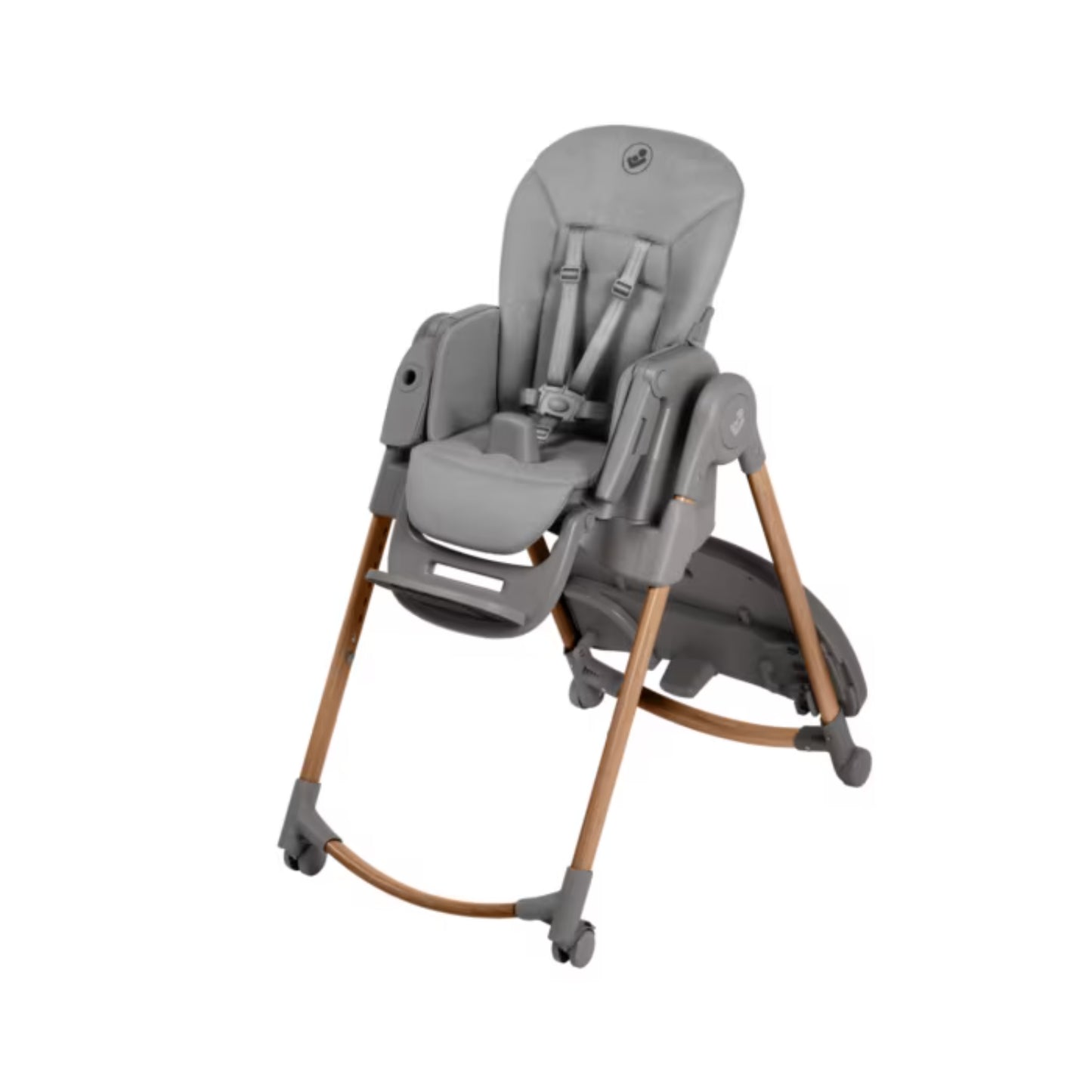 Silla alta gris de MAXI COSI, vista lateral, ideal para alimentación infantil