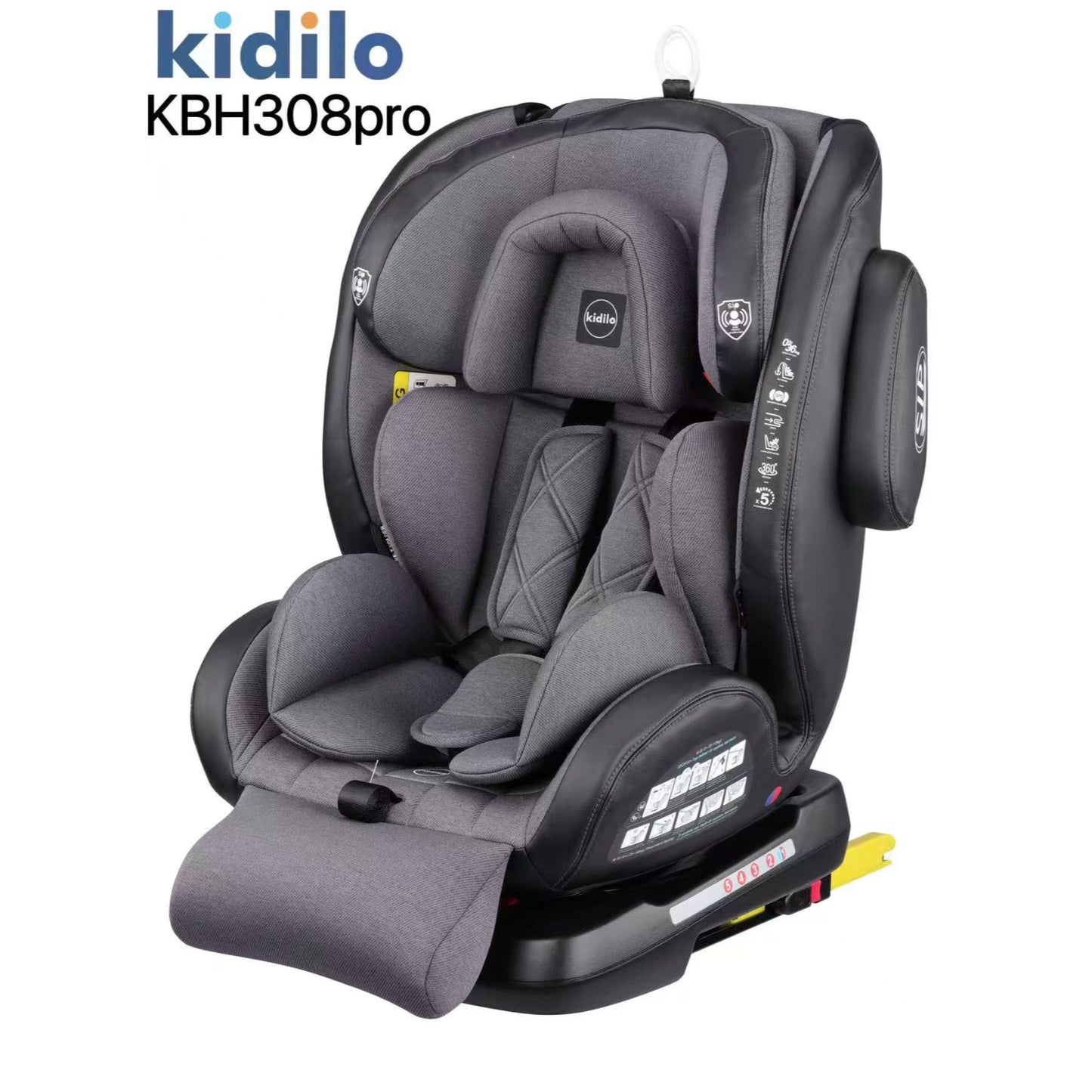 Silla de auto negra y gris, vista frontal, ideal para niños pequeños