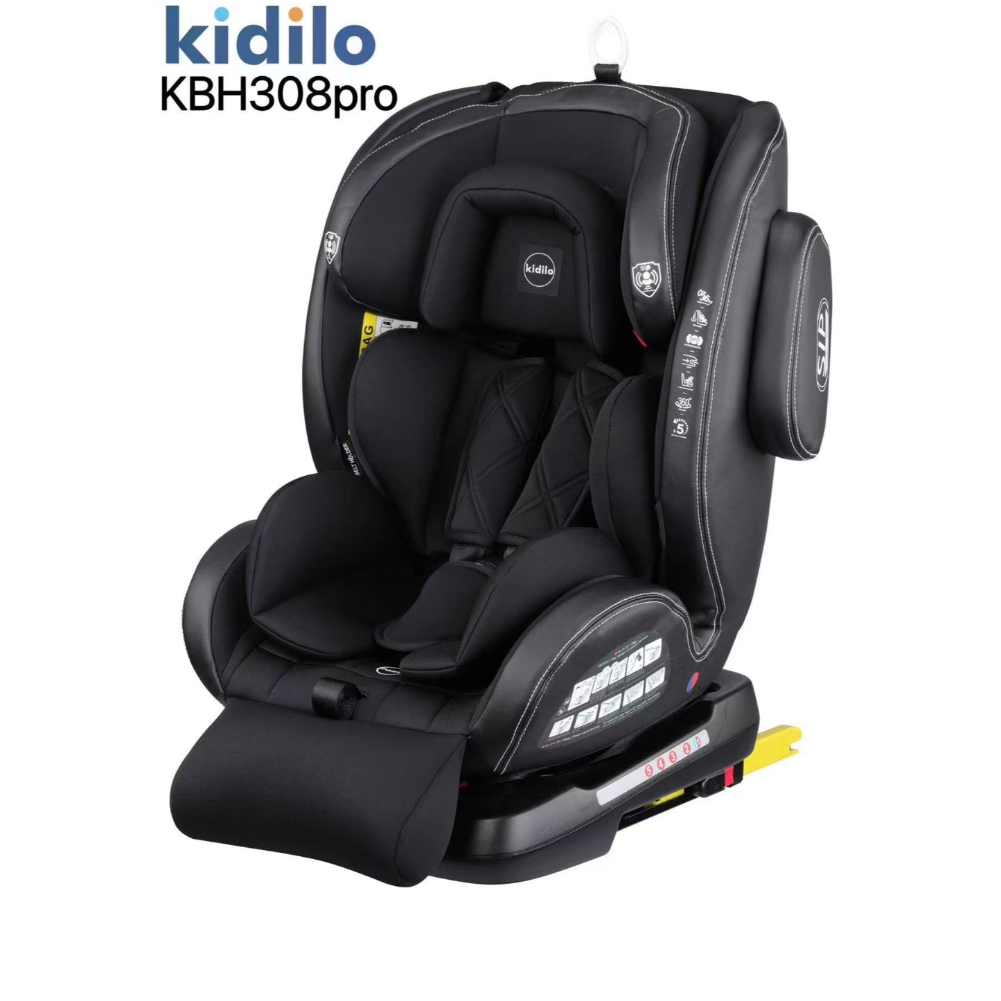 Silla de auto Kidilo negra, vista lateral, ideal para la seguridad infantil