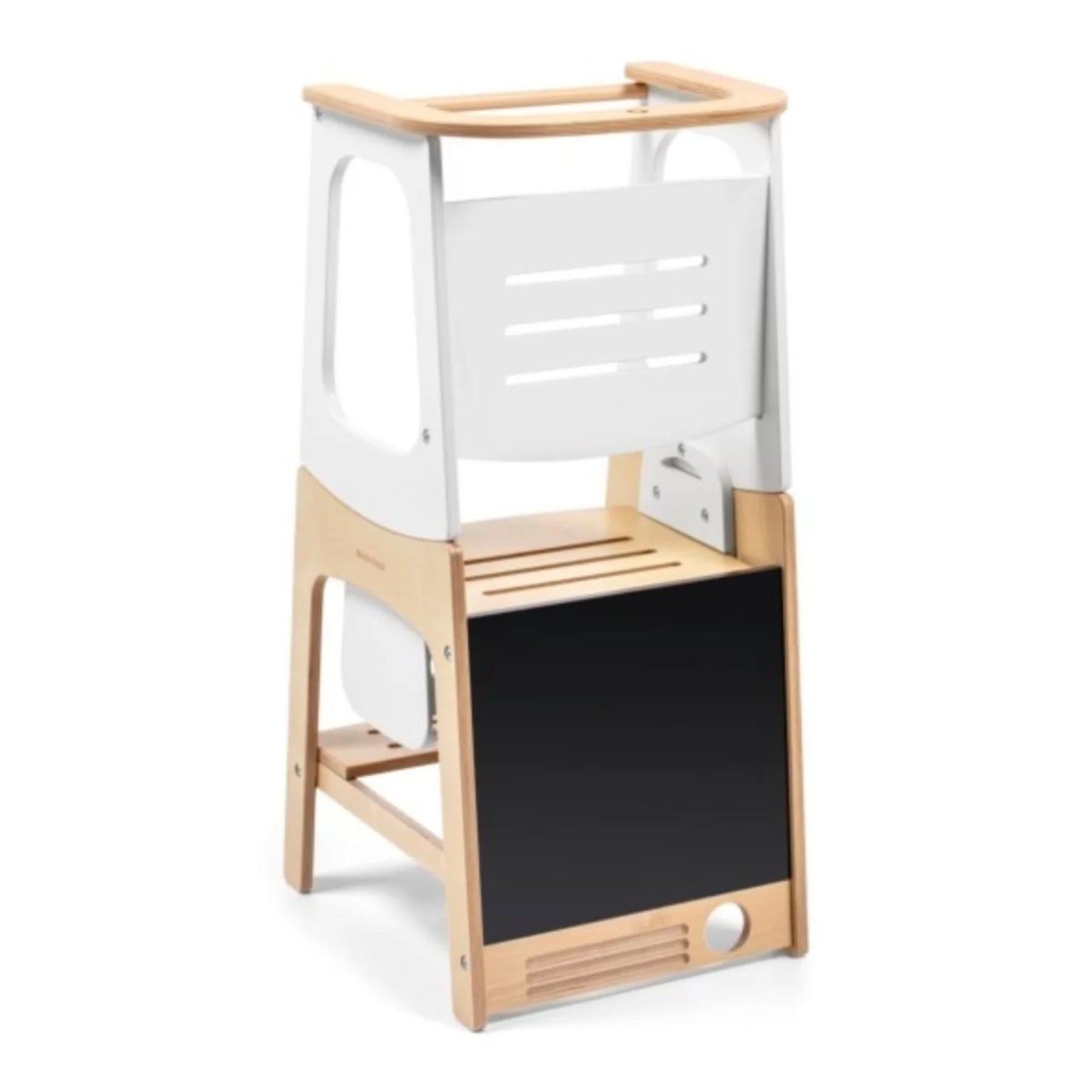 Silla MAXI COSI blanca y madera, vista frontal con espacio de almacenamiento