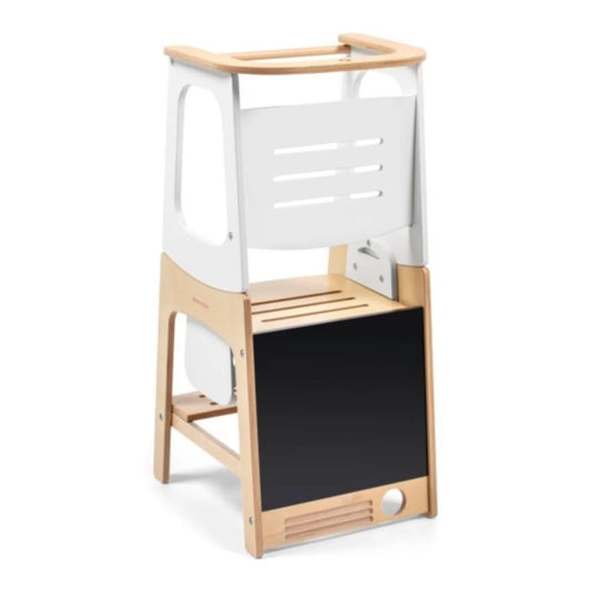 Silla MAXI COSI blanca y madera, vista frontal con espacio de almacenamiento