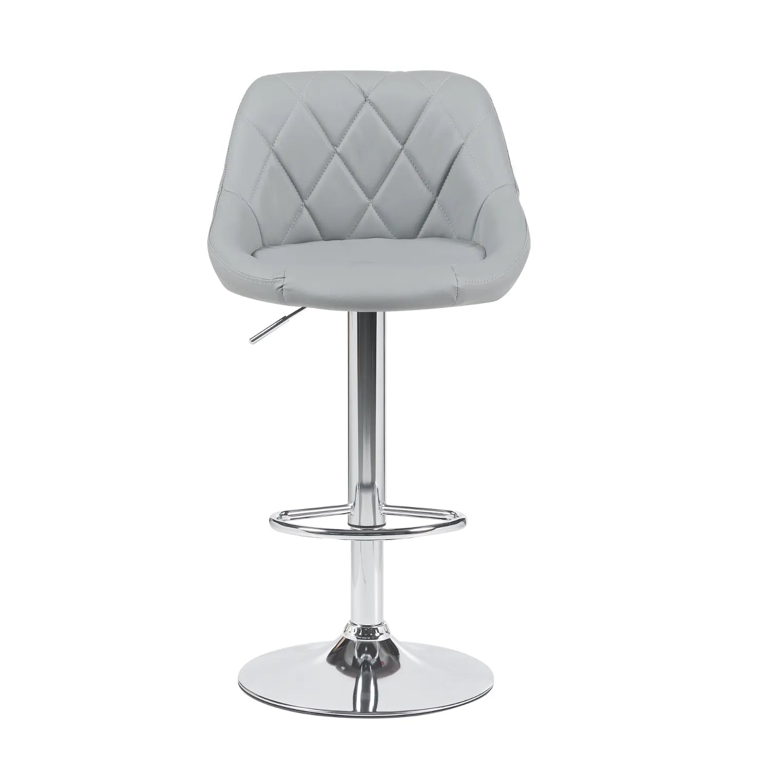 Silla para bar gris con asiento acolchado y base metálica ajustable moderna
