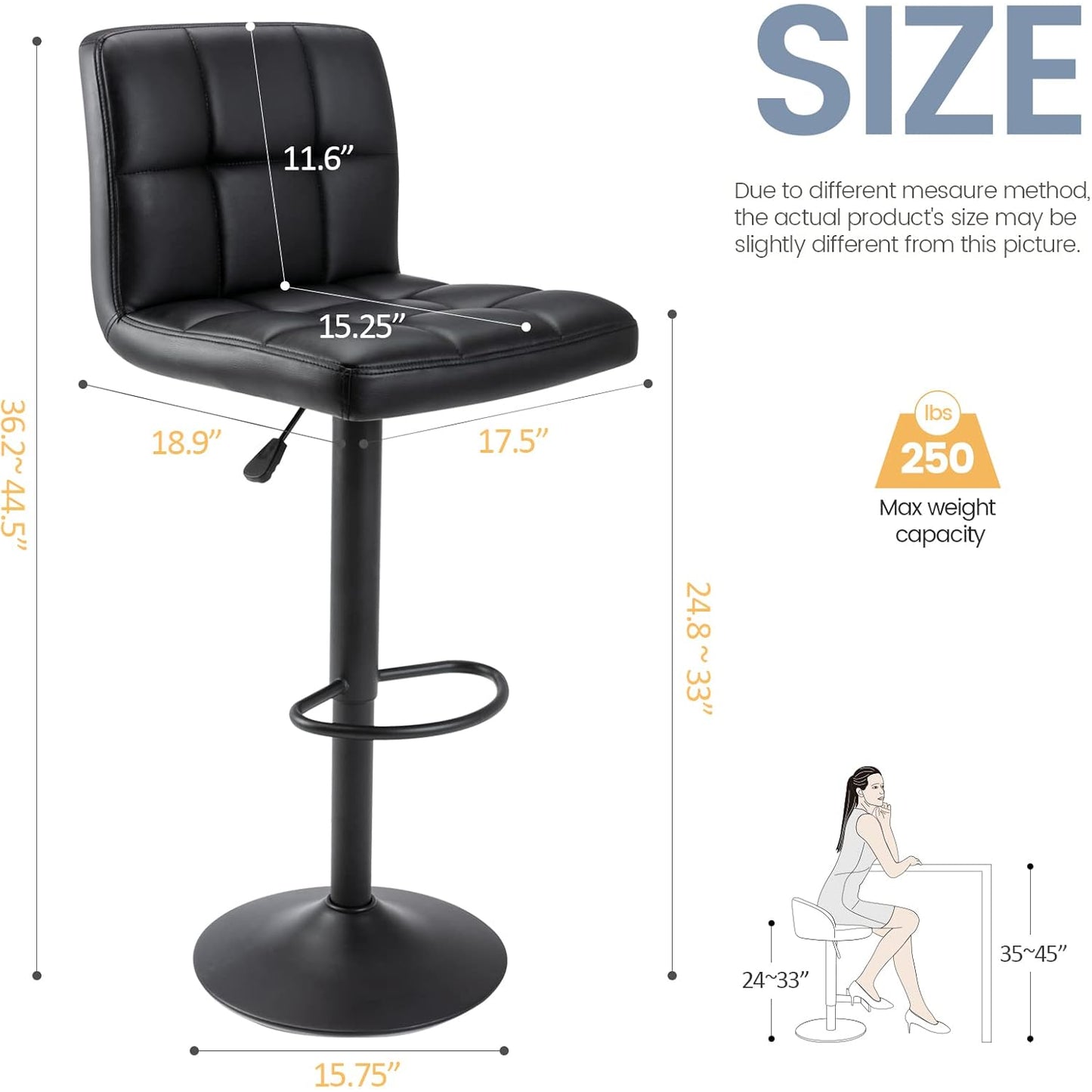 silla para bar negra ajustable con respaldo, vista frontal, medida de dimensiones