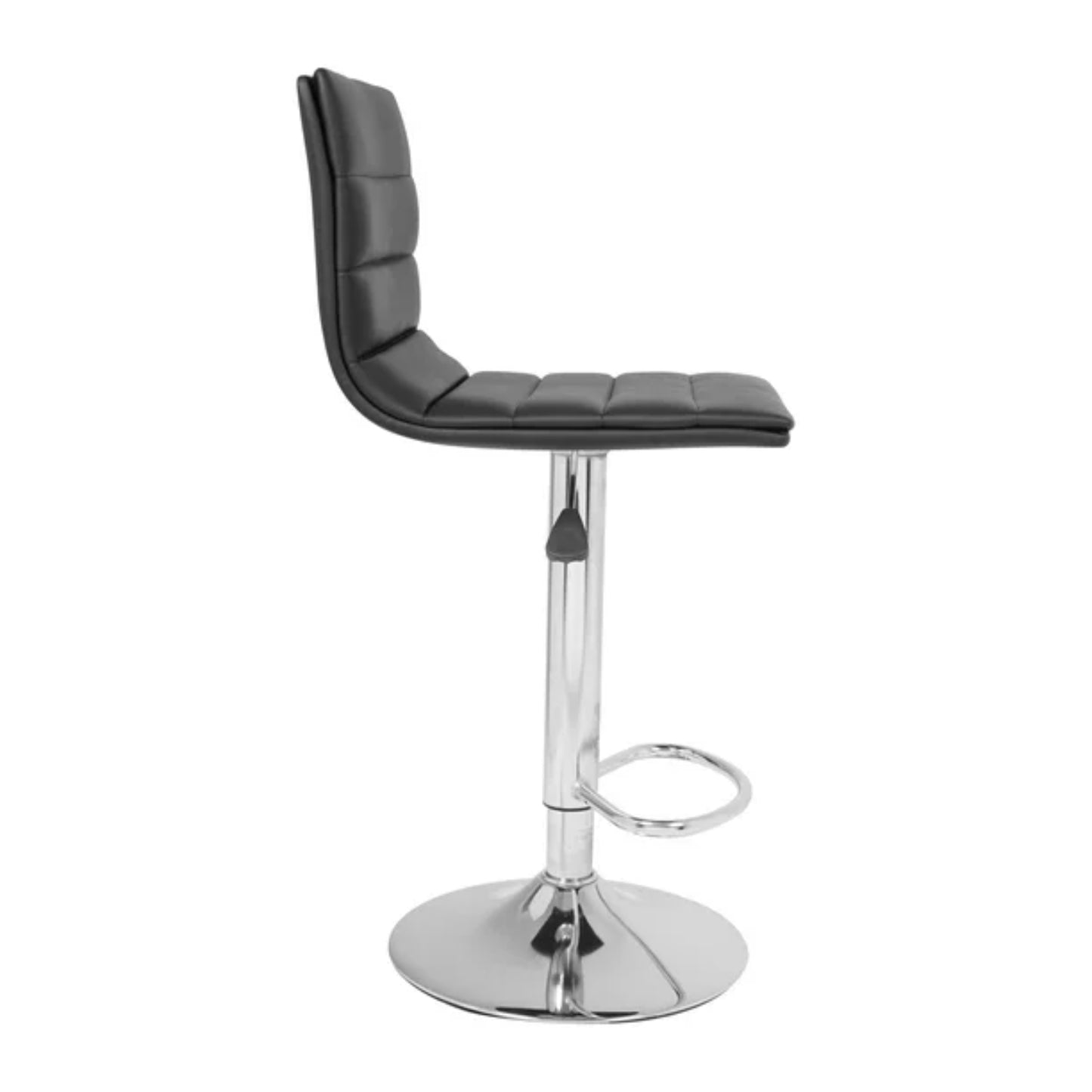 silla para bar negra lateral, con reposapies y base cilíndrica brillante