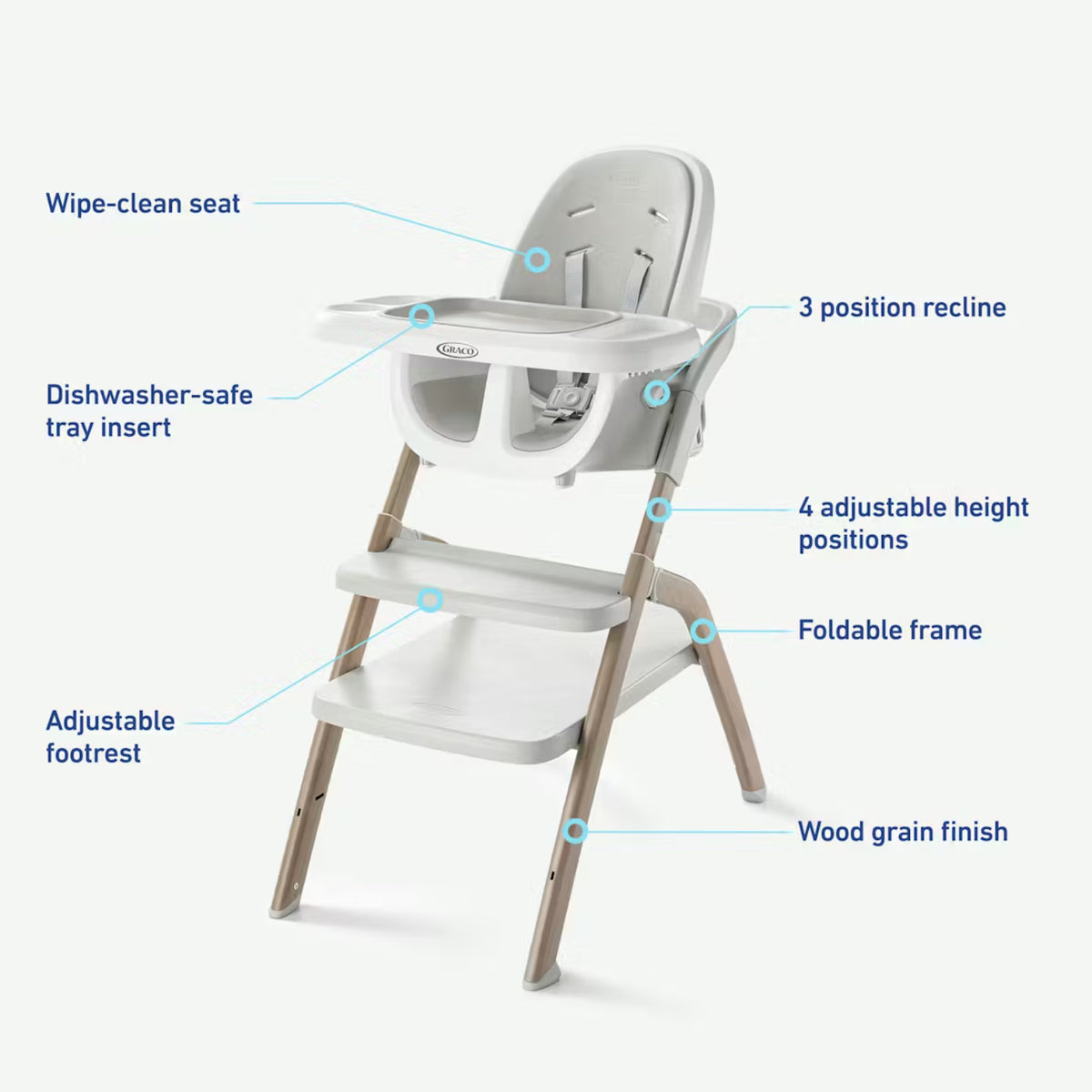 silla para comer de bebe color gris, vista frontal con bandeja ajustable y estructura de madera