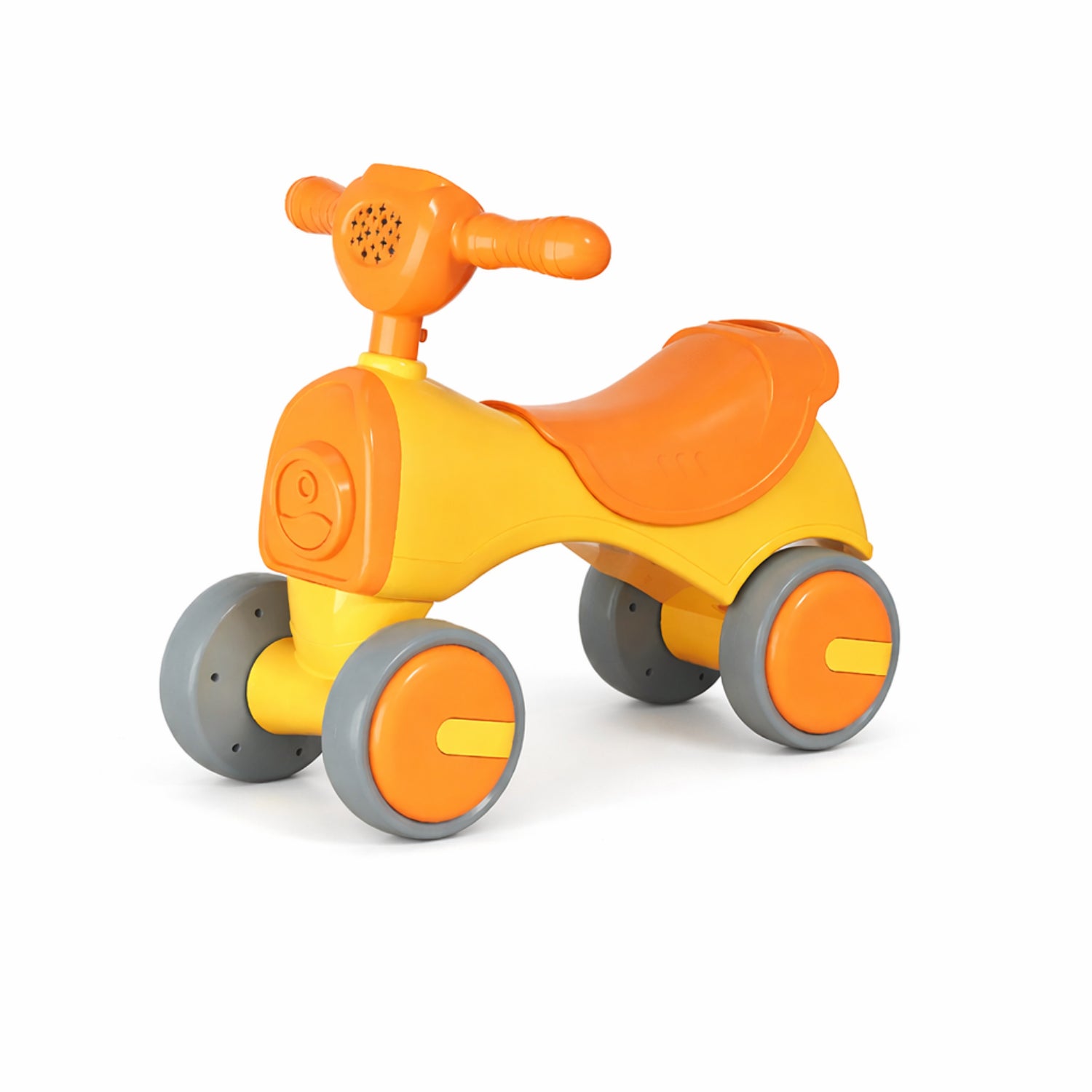 Juguete de motricidad amarillo y naranja, vista lateral, para niños pequeños