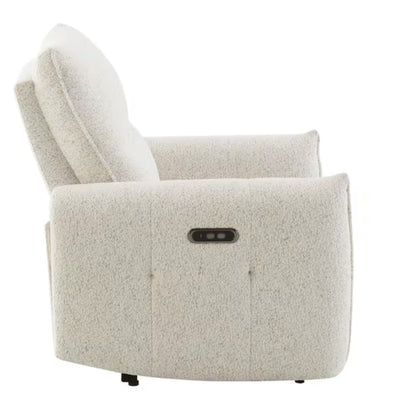 Sillón blanco suave, lateral, con reposacabezas ajustable para comodidad en sala de estar
