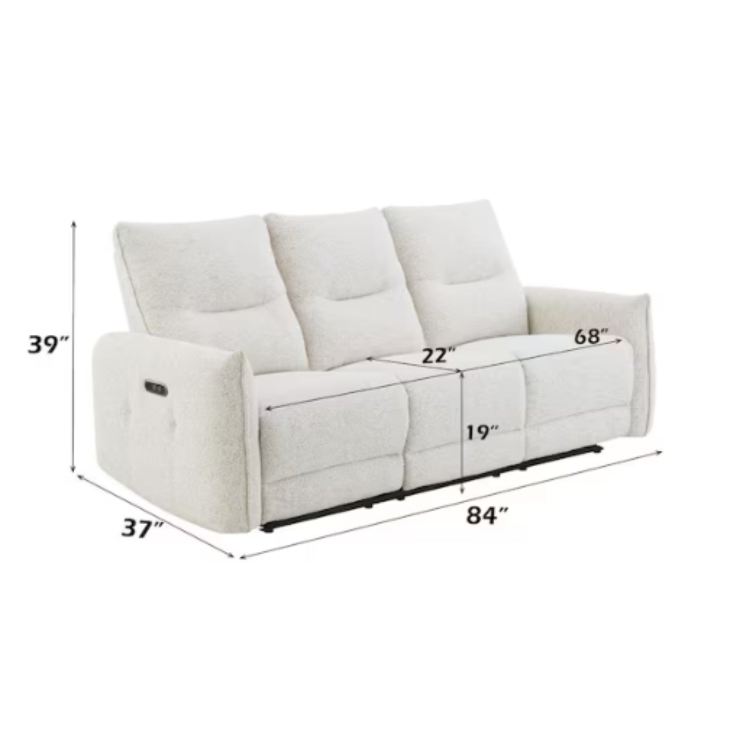 Sofá reclinable blanco lateral, salón acogedor, con medidas de confort