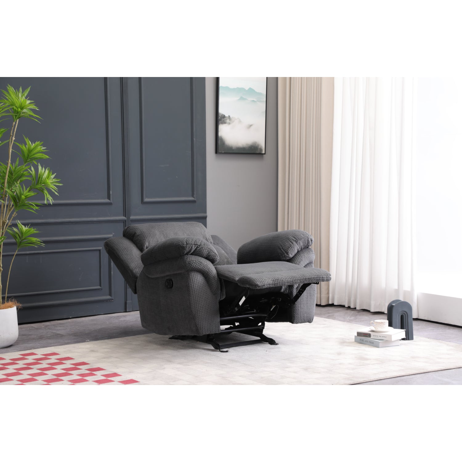 Sillón reclinable gris oscuro con reposapiés y diseño acogedor para sala de estar moderna