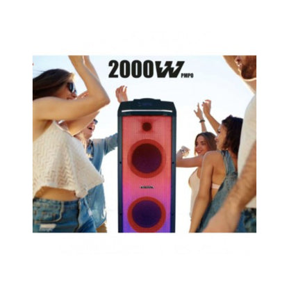 Sistema de audio 2000W AIWA LL05 con luces LED y grupo de personas disfrutando música al aire libre