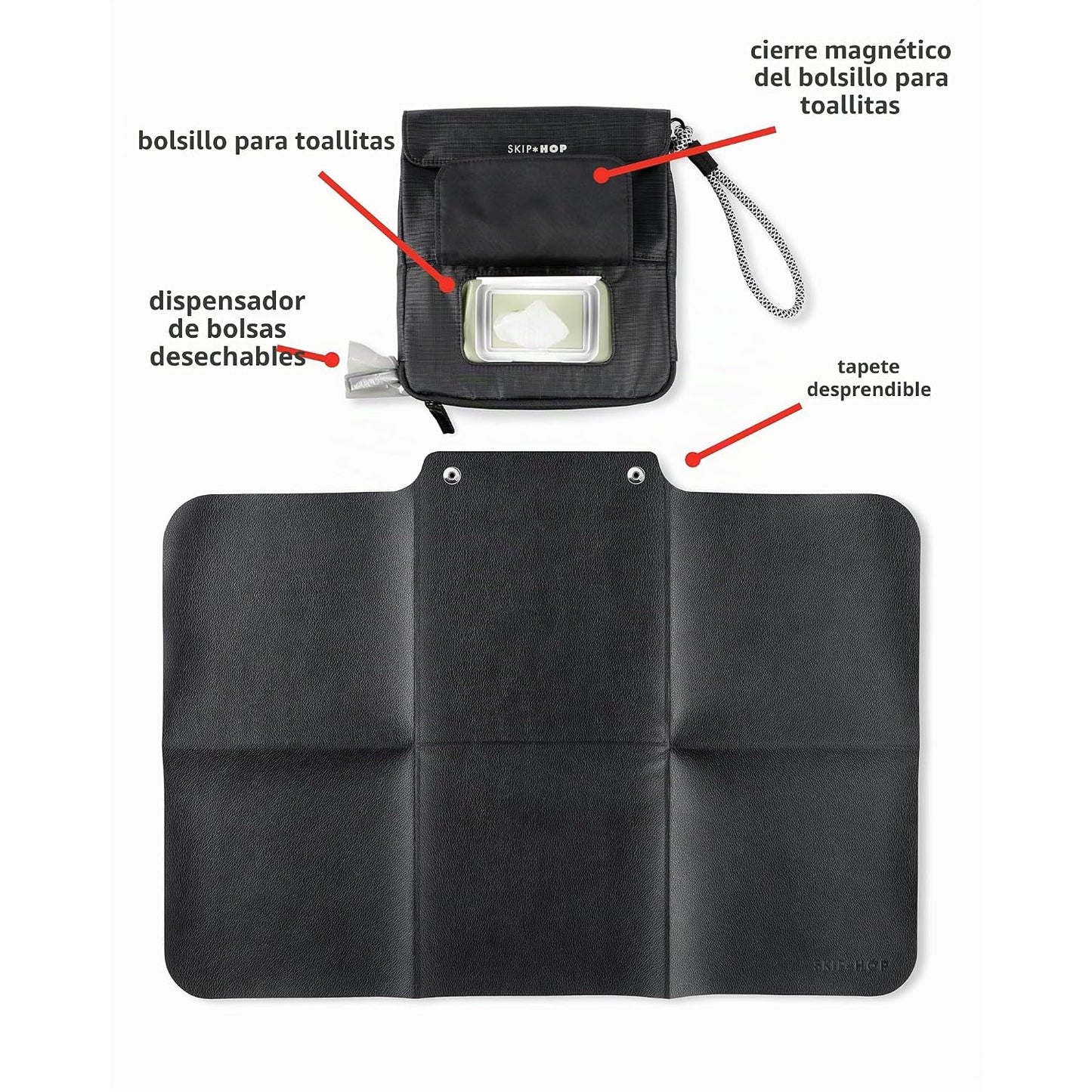 Cambiador negro SKIP*HOP, plegable con bolsillo y dispensador para toallitas