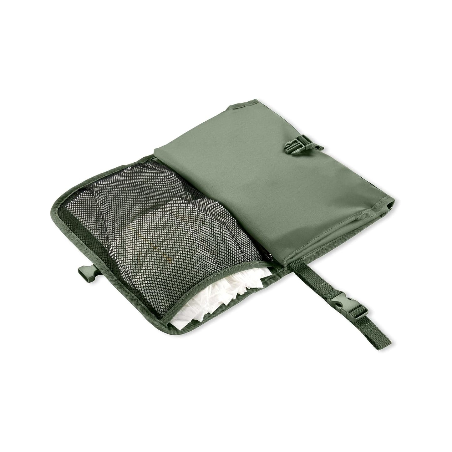 Cambiador portátil verde SKIP*HOP, vista interior con espacio para pañales