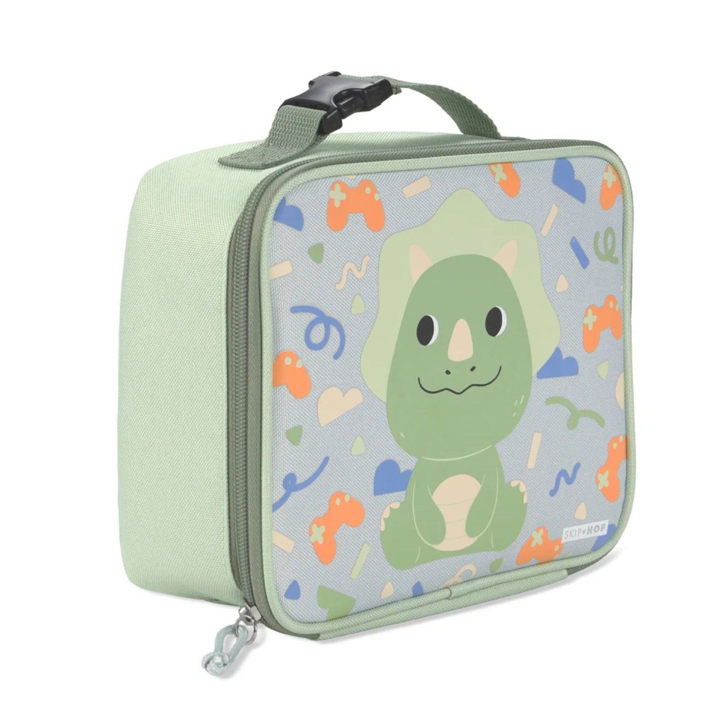mochila térmica verde con diseño de dinosaurio, ideal para el almuerzo infantil