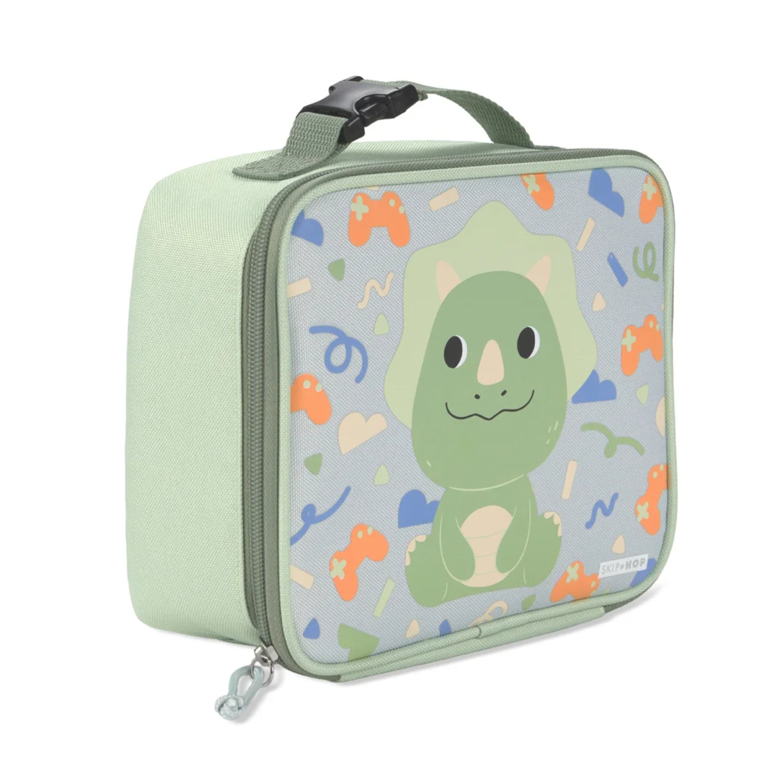 mochila térmica verde con diseño de dinosaurio, ideal para el almuerzo infantil