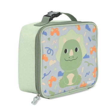 mochila térmica verde con diseño de dinosaurio, ideal para el almuerzo infantil