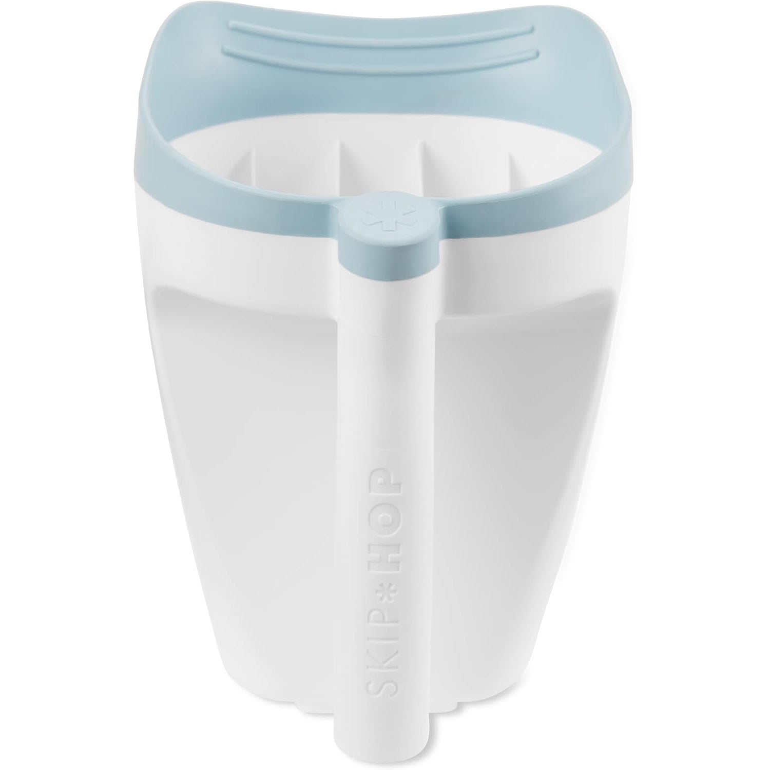 Contenedor blanco con tapa azul, vista frontal, organización infantil