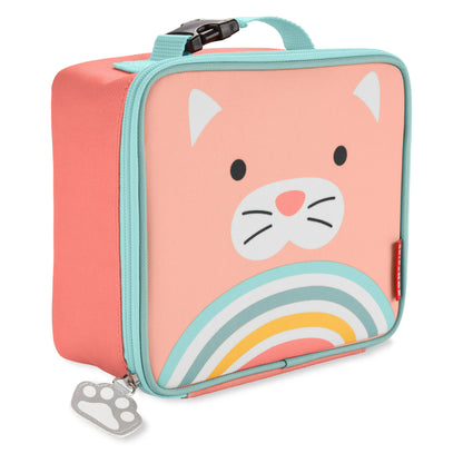 Lonchera infantil rosa con diseño de gato y arcoíris, ideal para llevar a la escuela