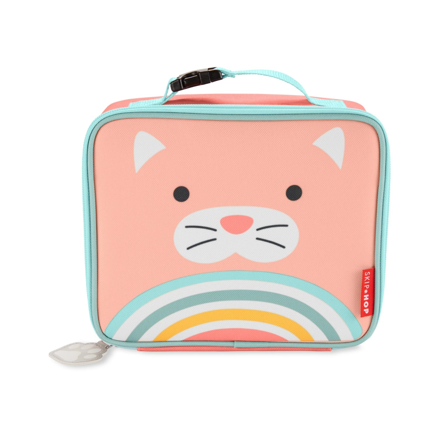 Lonchera infantil SKIP*HOP color rosa con diseño de gato y arcoíris, vista frontal