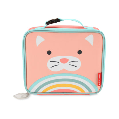 Lonchera infantil SKIP*HOP color rosa con diseño de gato y arcoíris, vista frontal