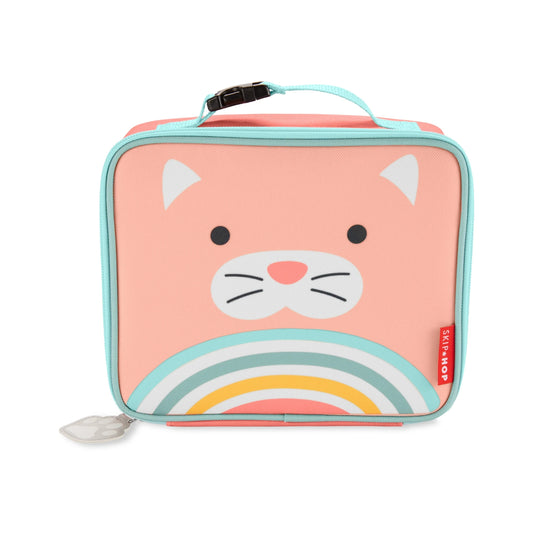 Lonchera infantil SKIP*HOP color rosa con diseño de gato y arcoíris, vista frontal