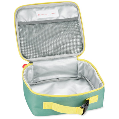 Lonchera infantil verde claro abierta con interior plateado, ideal para el almuerzo escolar