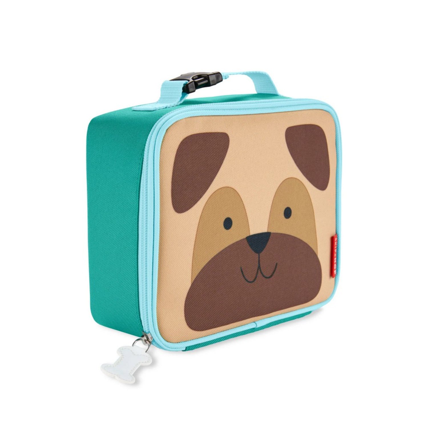 Lonchera infantil SKIP*HOP azul con diseño de perro, vista lateral y cierre superior