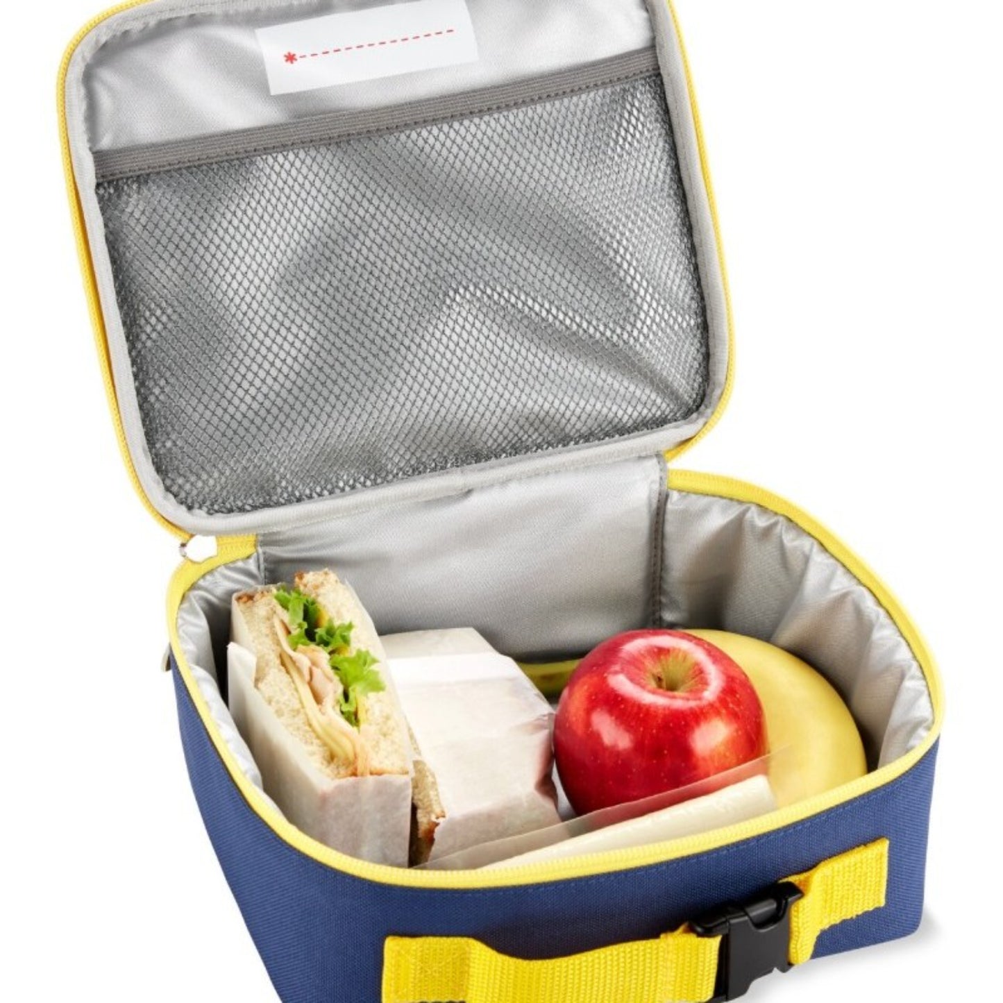 lonchera térmica amarilla y azul abierta con sándwich, manzana y plátano