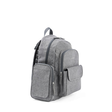 mochila gris SKIP*HOP lateral, ideal para padres y viajes