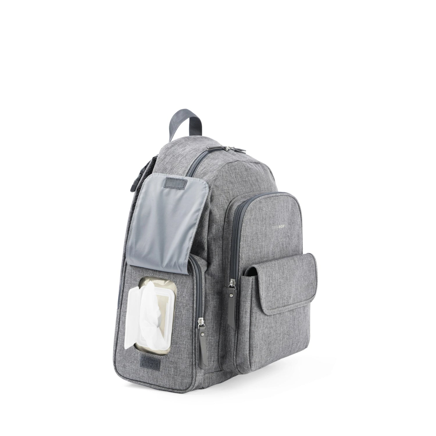 mochila gris SKIP*HOP lateral, bolsa organizadora para pañales