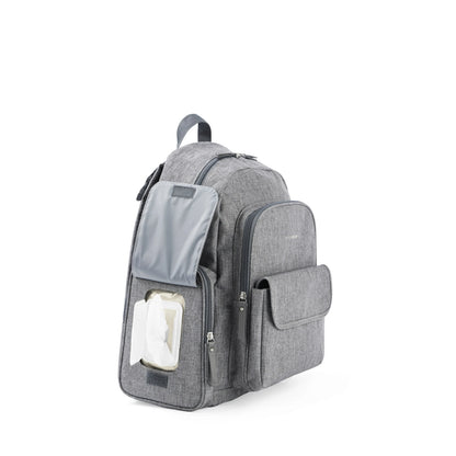 mochila gris SKIP*HOP lateral, bolsa organizadora para pañales