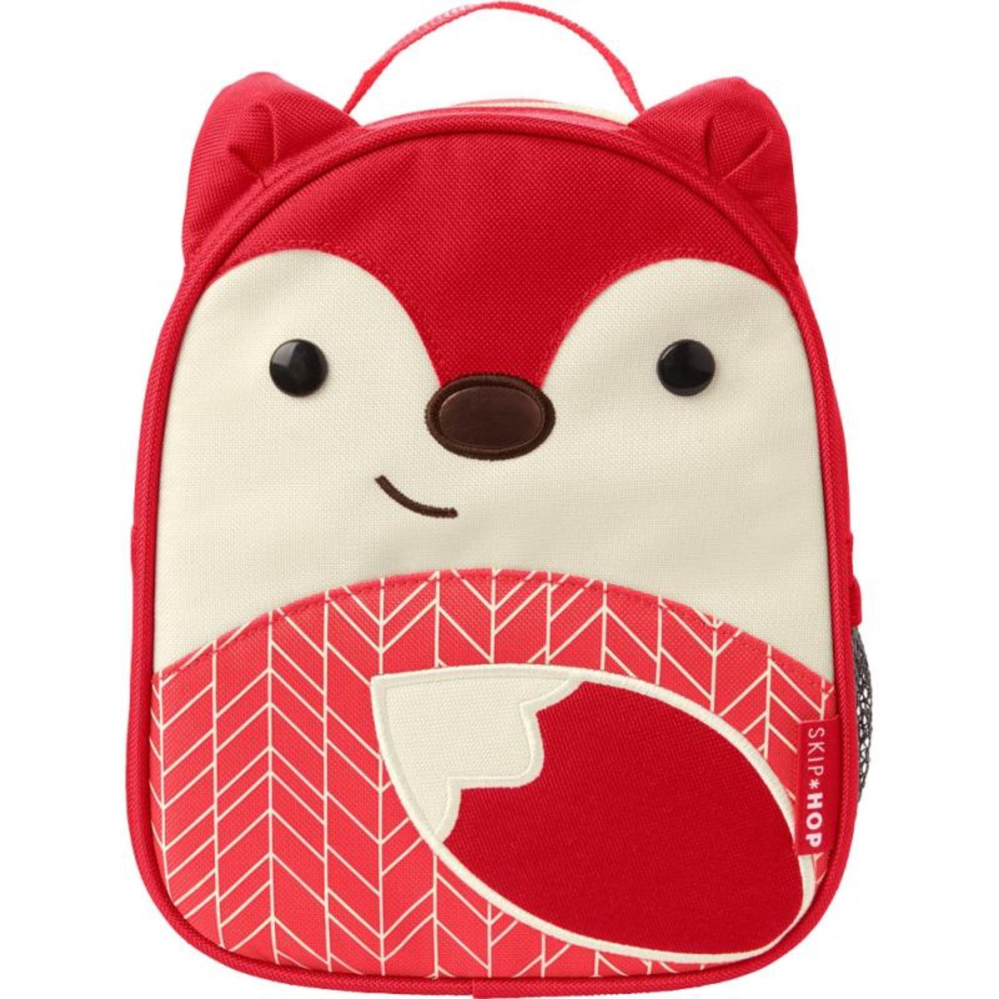 Mochila infantil roja con diseño de zorro, vista frontal sobre fondo blanco