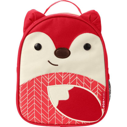 Mochila infantil roja con diseño de zorro, vista frontal sobre fondo blanco