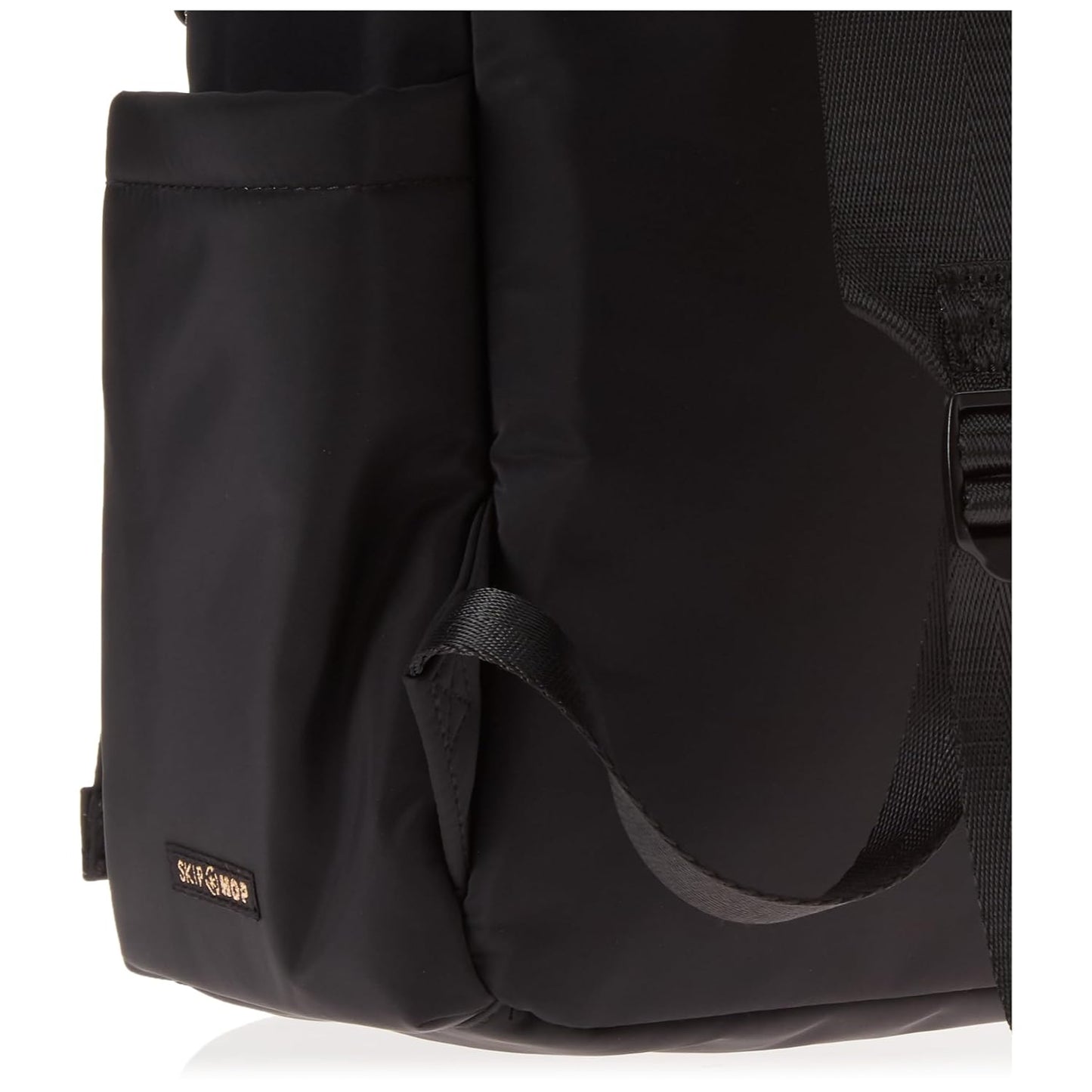 Mochila negra SKIP*HOP, vista lateral con bolsillo exterior