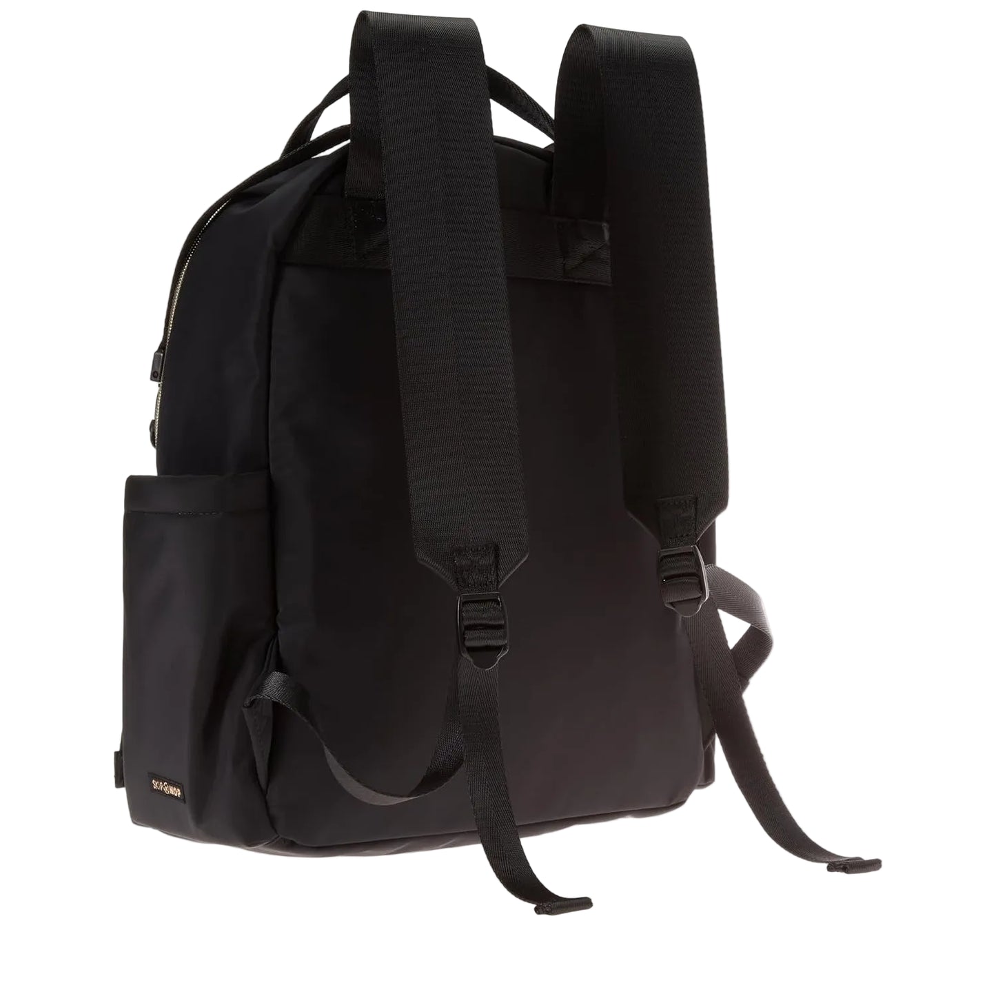 Mochila negra SKIP*HOP vista trasera, ideal para uso diario y fácil transporte