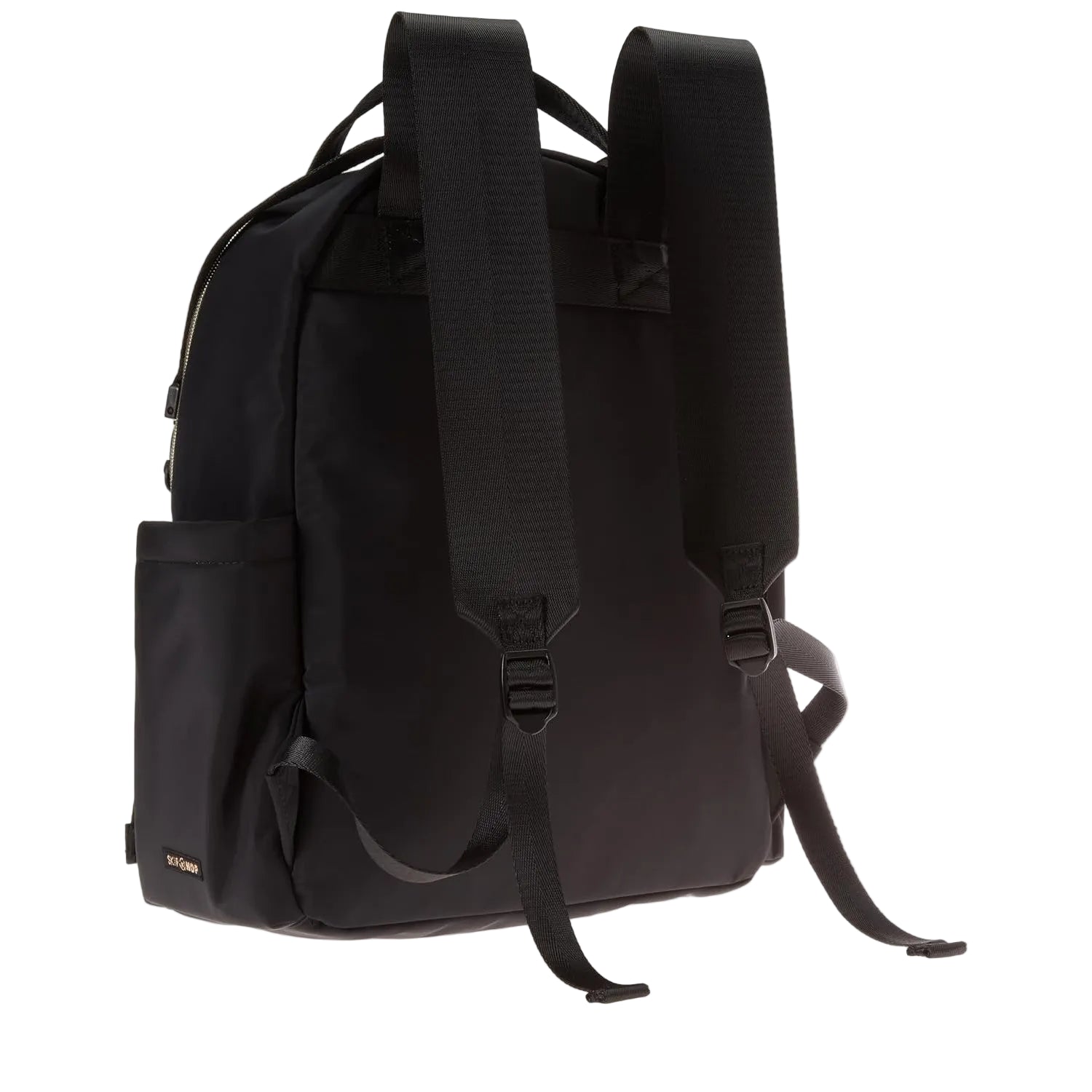 Mochila negra SKIP*HOP vista trasera, ideal para uso diario y fácil transporte