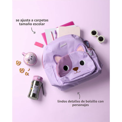 Mochila morada con cara de gato, ideal para niños, con bocetos divertidos