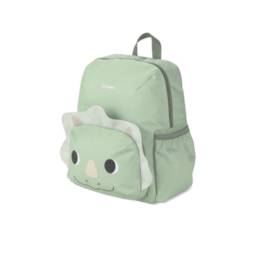 Mochila verde con diseño de dinosaurio, vista lateral, ideal para niños