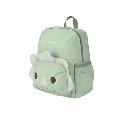 Mochila verde con diseño de dinosaurio, vista lateral, ideal para niños