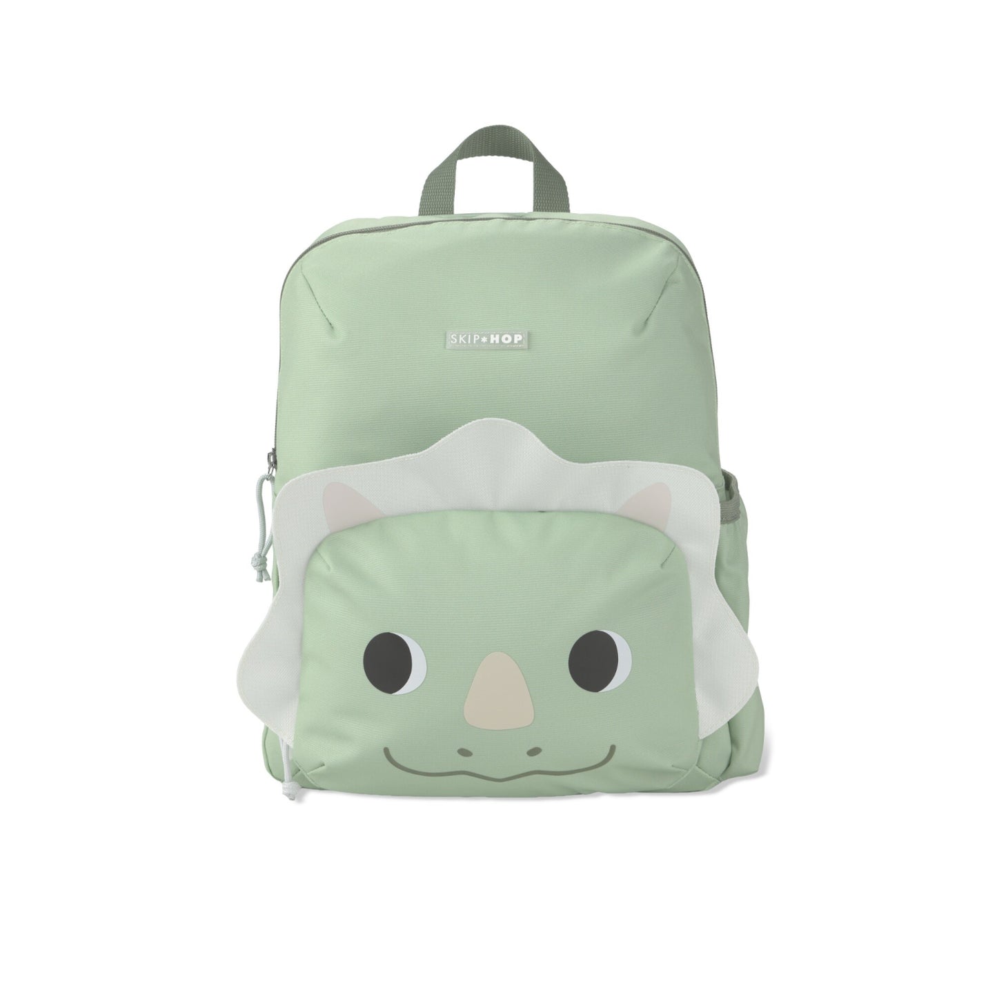 Mochila verde con diseño de dinosaurio, vista frontal, ideal para niños.