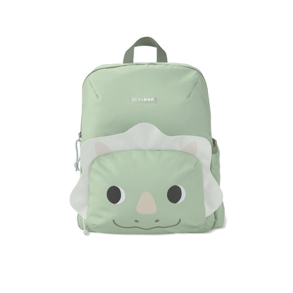 Mochila verde con diseño de dinosaurio, vista frontal, ideal para niños.