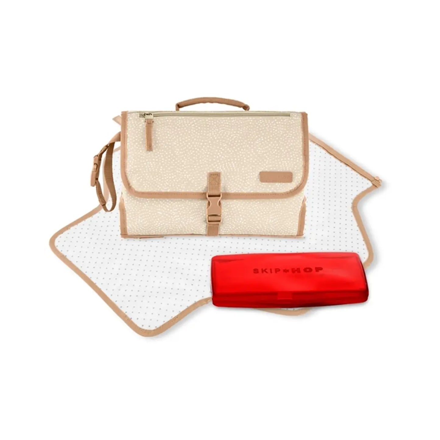 Bolsa de pañales SKIP*HOP beige con almohadilla y estuche rojo