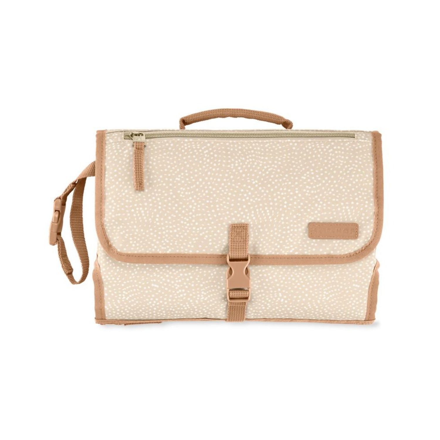 Bolsa cambiador SKIP*HOP beige con estampado, vista frontal y perfecta para padres